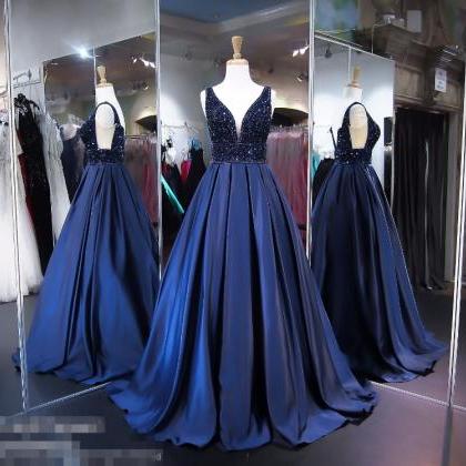 Robes De Cocktail Navy Blue Beaded Prom Dresses..