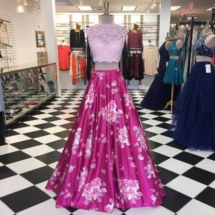 2 Piece Prom Dresses, Pink Prom Dress, Printed..