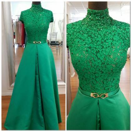 Cap Sleeve Green Prom Dresses Long Satin A Line..