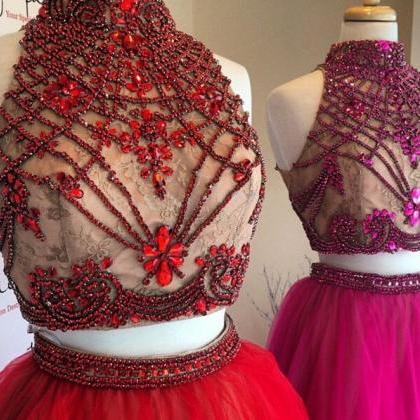 2 Piece Prom Dresses 2023 Tulle Lace Applique..