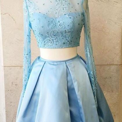 Blue Prom Dresses Short 2022 Lace Applique 2 Piece..