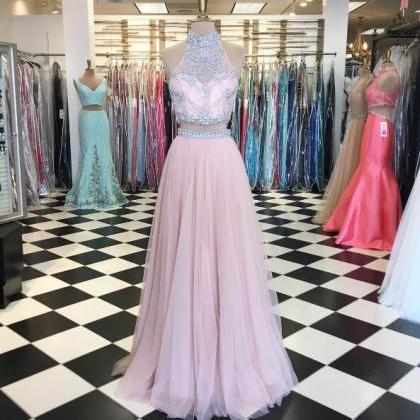 Pink Prom Dresses Long Tulle Beaded High Neck A..