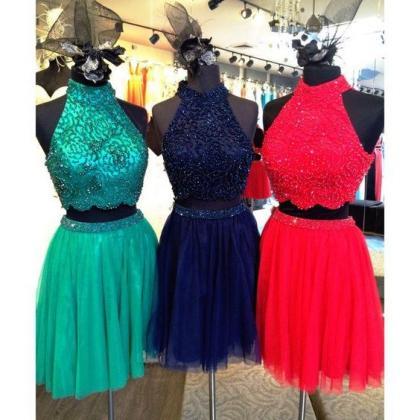 Two Piece Prom Dresses Short Beaded A Line Tulle..