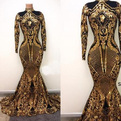 Luxury Black And Gold Evening Dresses High Neck..