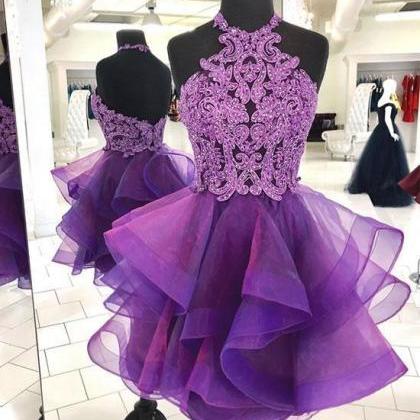 Short Homecoming Dresses 2023 Purple Lace Applique..