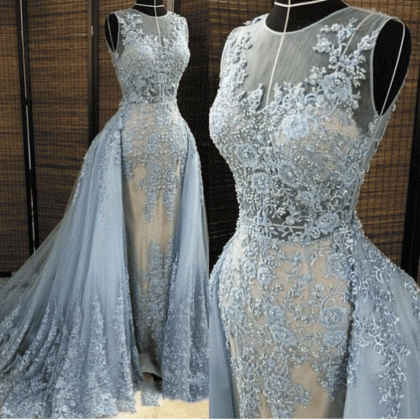 Dusty Blue Evening Dresses Long 2024 Detachable..