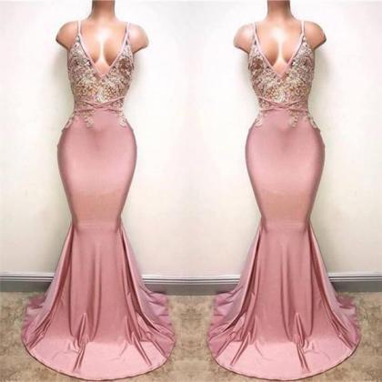 Pink Evening Dresses Long Lace Applique Beaded..