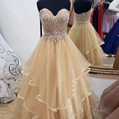 Champagne Prom Dresses Long Tulle Tiered Beaded..