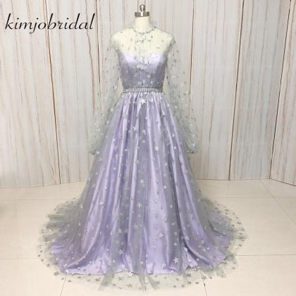 Lavender Beaded Prom Dresses 2023 Long Sleeve..