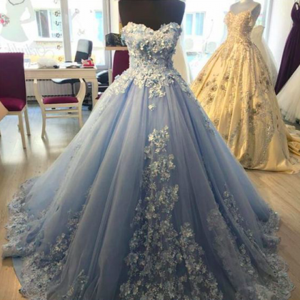 Blue Prom Dresses Ball Gown Lace Applique Beaded..