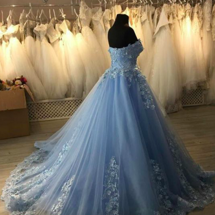 Blue Prom Dresses Ball Gown Lace Applique Beaded..
