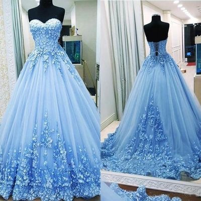 Lace Applique Prom Dresses Ball Gown Blue..