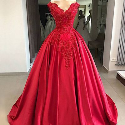 Red Prom Dresses 2023 V Neck Lace Applique Satin..