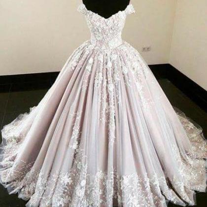 Off The Shoulder Pink Wedding Dresses Ball Gown..