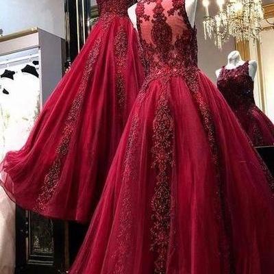 Burgundy Lace Applique Prom Dresses Long Beaded..