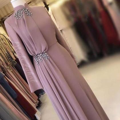Dusty Pink High Neck Prom Dresses 2023 Long Sleeve..