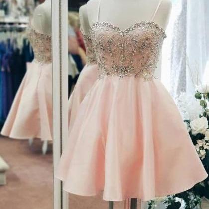 Short Prom Dresses 2023 Pink Spaghetti Straps..