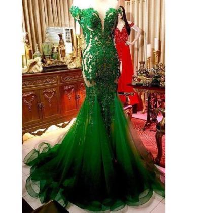 Green Evening Dresses Long Mermaid Lace Applique..