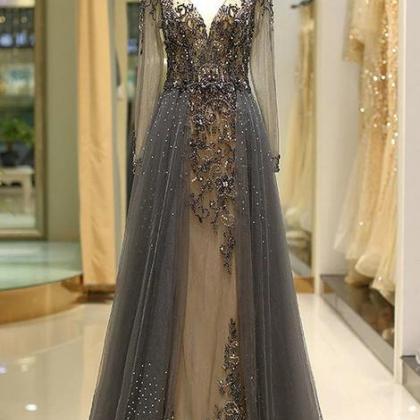 Black Prom Dresses Beaded Crystals A Line Deep V..