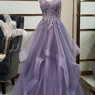 Purple Prom Dresses V Neck Spaghetti Straps Lace..