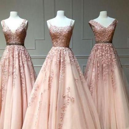 Dusty Pink Prom Dresses Long Lace Applique Elegant..