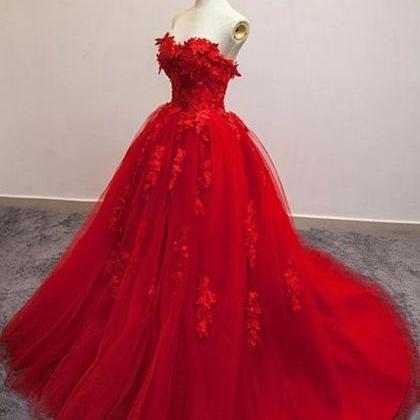 Red Wedding Dresses Ball Gown Lace Applique Floral..