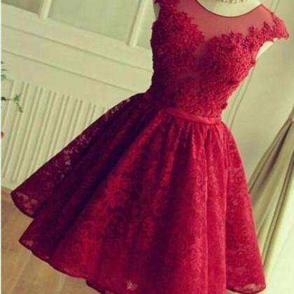 Red Lace Prom Dresses Short Cap Sleeve Elegant..
