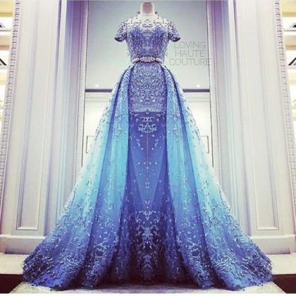 Short Sleeve Blue Prom Dresses 2024 Lace Applique..