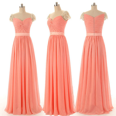 Cap Sleeve Beaded Prom Dresses Long Chiffon Coral..