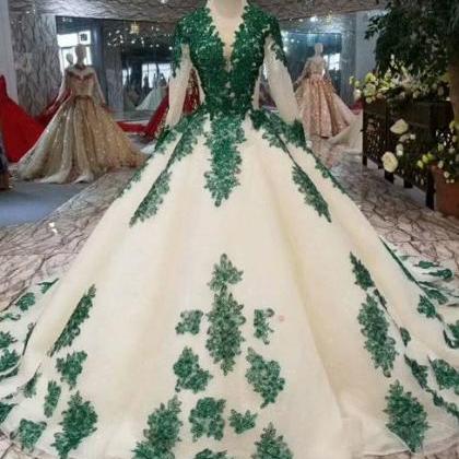 Green Lace Applique Prom Dresses Ball Gown Deep V..