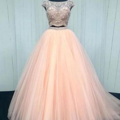 2 Piece Prom Dresses, Pink Prom Dress, Cap Sleeve..