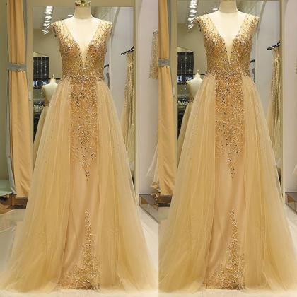 Gold Champagne Prom Dresses Detachable Skirt..