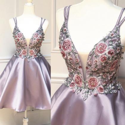 Rose Pink Prom Dresses Short Embrodiery Applique..