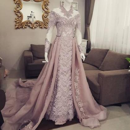 Dusty Pink Lace Applique Prom Dresses Long High..