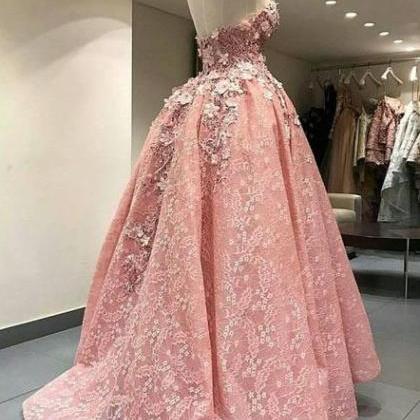 Lace Applique Pink Prom Dresses Long Floral..