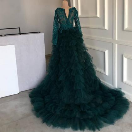 Hunter Green Lace Applique Prom Dresses 2023..