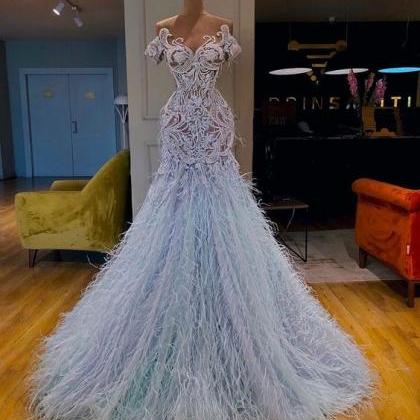 Luxury Modest Feather Evening Dresses Prom Gown..