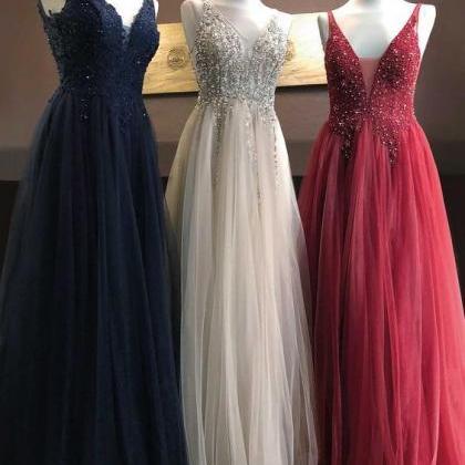 Beaded V Neck Prom Dresses 2024 Long Crystals..