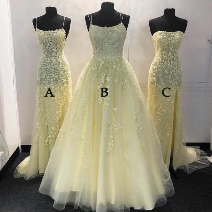 Yellow Prom Dresses Long Mismatched Lace Applique..