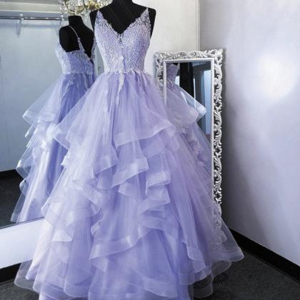 Purple Tiered Prom Dresses Lavender Lace Applique..