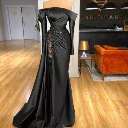 Long Sleeve Black Evening Dresses 2024 Beaded..