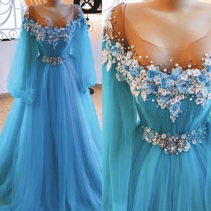 Flare Sleeve Blue Prom Dresses 2023 3d Flowers..