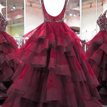 Burgundy Beaded Prom Dresses Ball Gown Pageant..