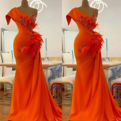 Red Evening Dresses Long Beaded Applique Feather..