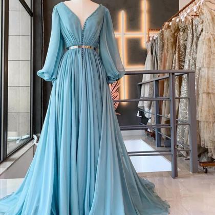 Blue Prom Dresses Long Sleeve V Neck Chiffon A..