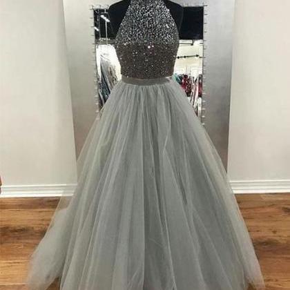 Silver Prom Dresses 2023 High Neck Beaded..