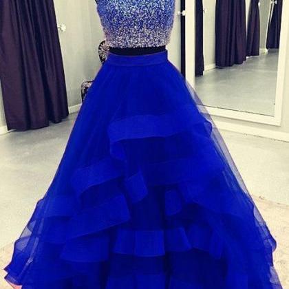 2 Piece Prom Dresses O Neck Blue Beaded Tiered..
