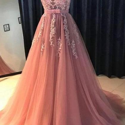 Dusty Pink Lace Applique Prom Dresses Long V Neck..