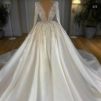 Luxury White Prom Dress Ball Gown Peals Beaded..