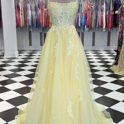 Yellow Lace Applique Prom Dresses 2023 Spaghetti..